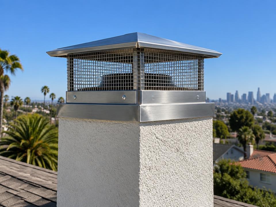 Stainless steel chimney cap installed on a Los Angeles home