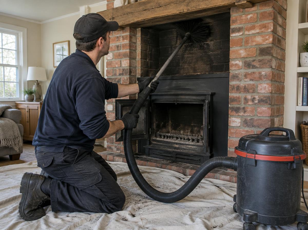 Chimney sweep technician cleaning a flue in Los Angeles